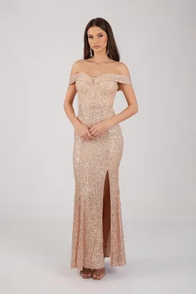 Astrid Off Shoulder Sequin Maxi Dress - Rose Gold