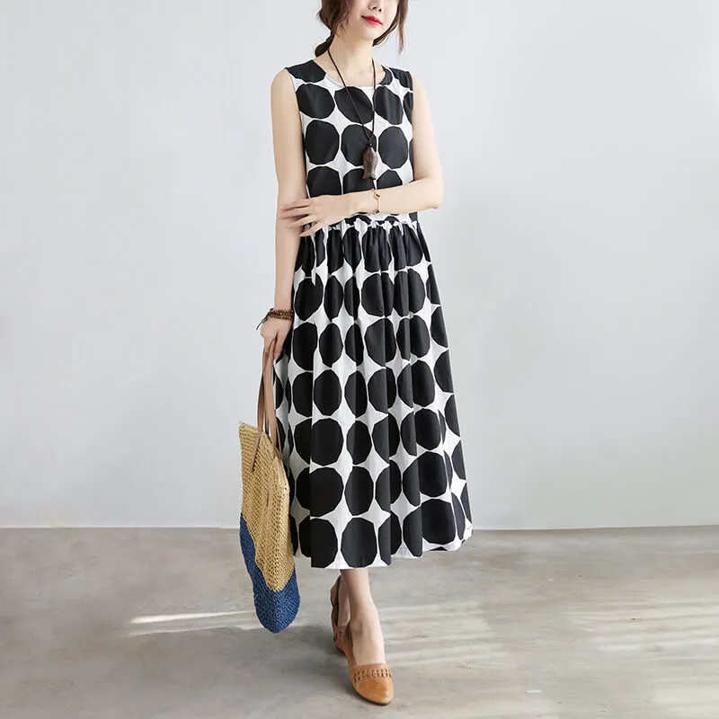 Babakud Plus Size Summer Polka-Dot Printed Sleeveless O-Collar Dress