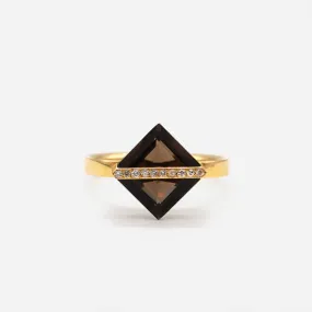 Band 18K Gold Ring w. Smoky Quartz & Diamonds