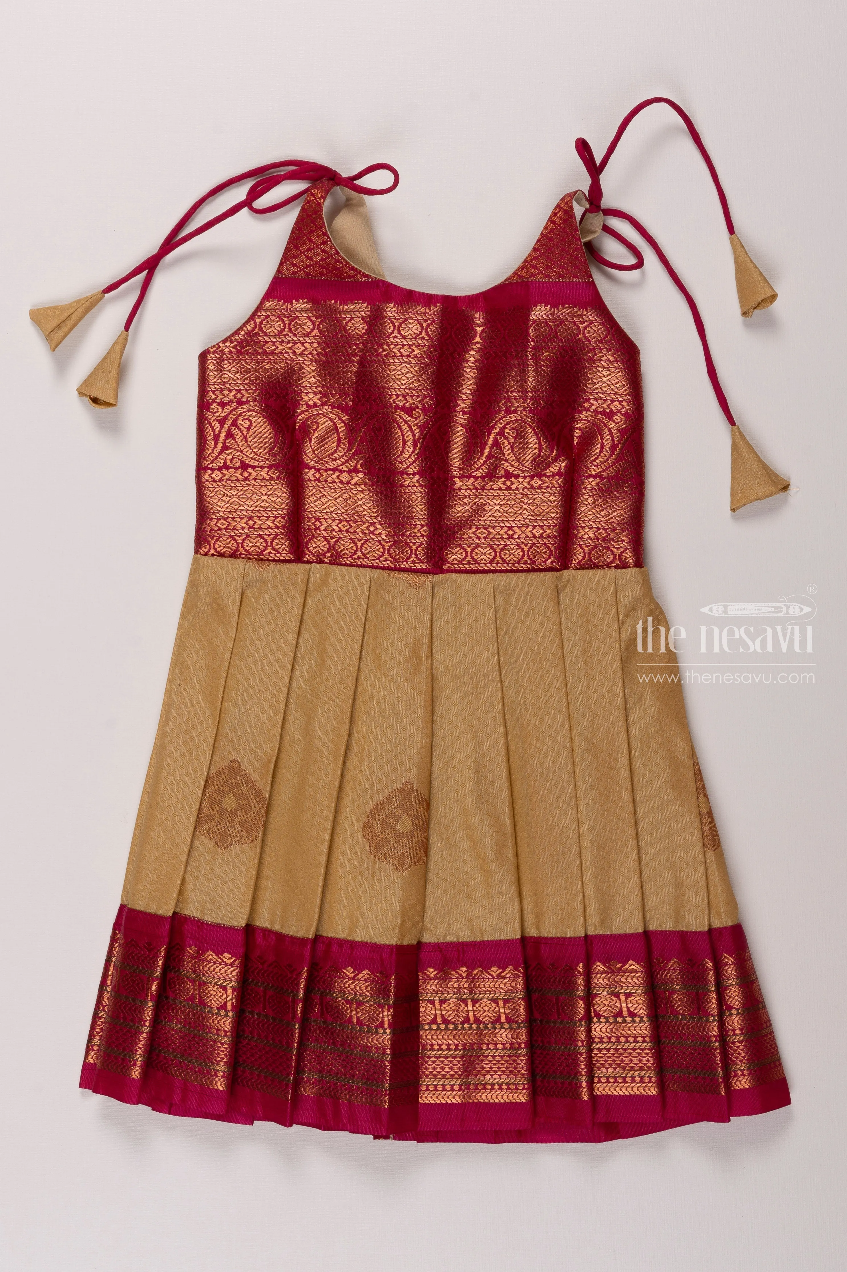 Beige and Magenta Silk Tie-Up Frock for Girls