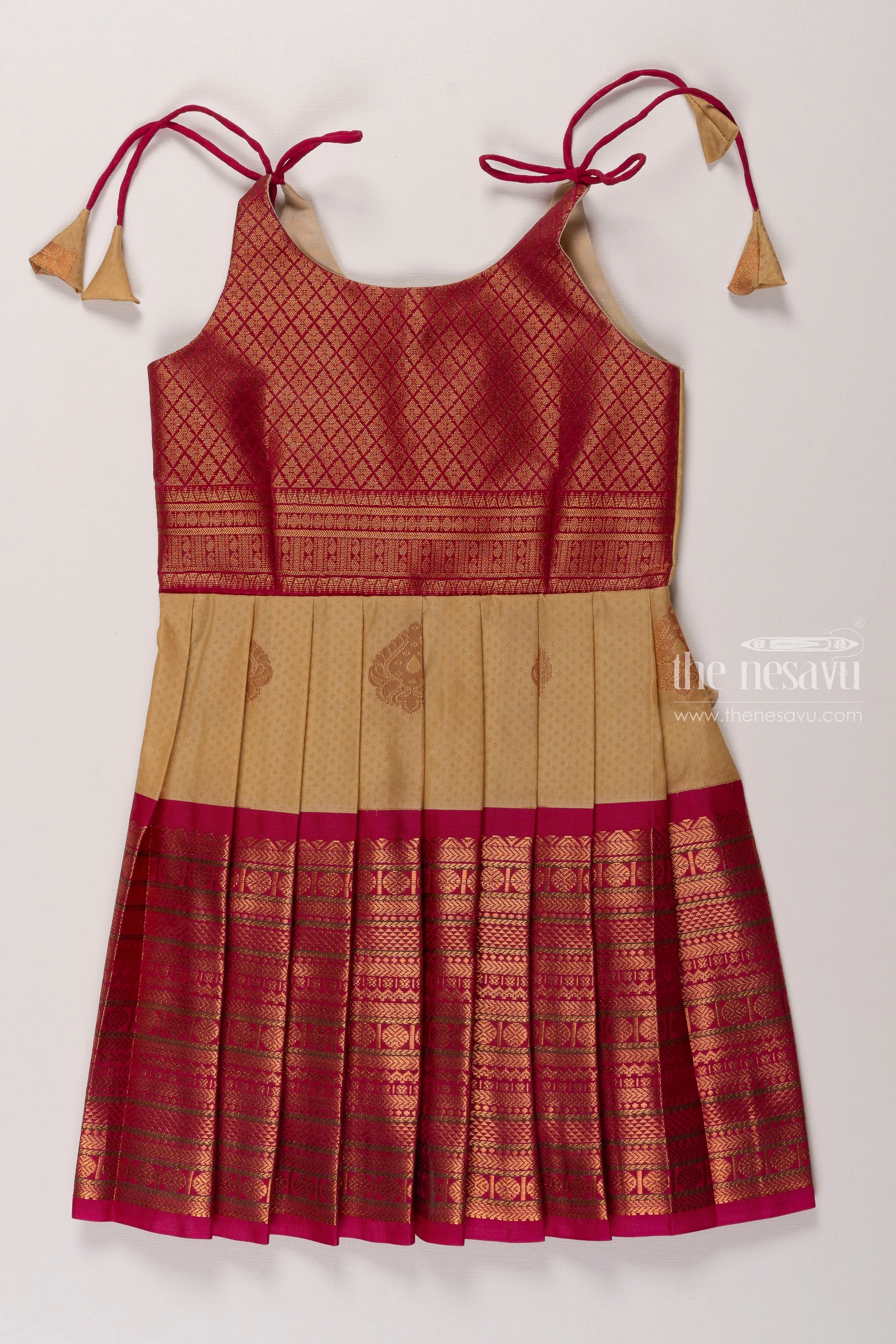 Beige and Magenta Silk Tie-Up Frock for Girls