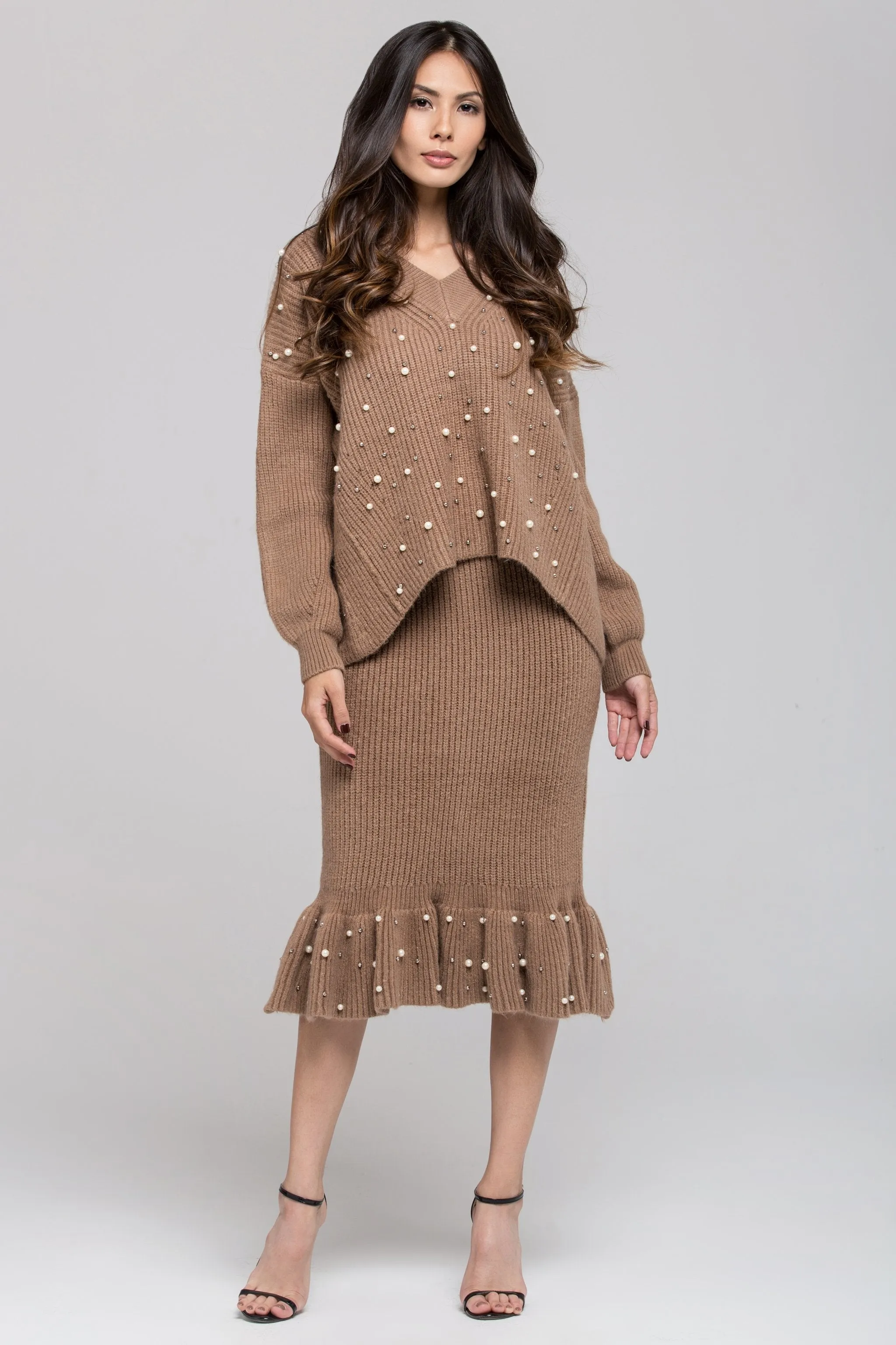 Brown Knit Pearl Detail Sweater and Skirt Set