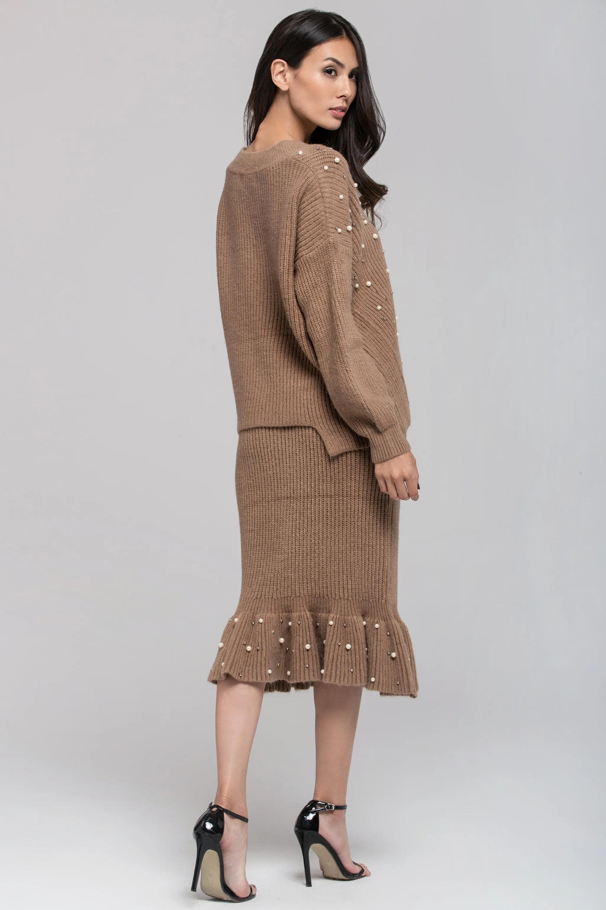 Brown Knit Pearl Detail Sweater and Skirt Set