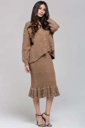 Brown Knit Pearl Detail Sweater and Skirt Set