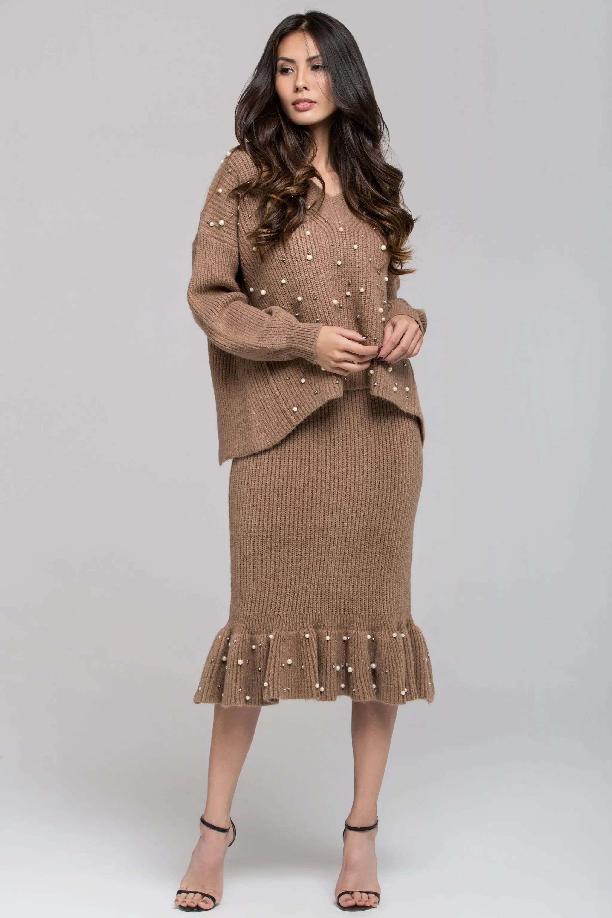 Brown Knit Pearl Detail Sweater and Skirt Set