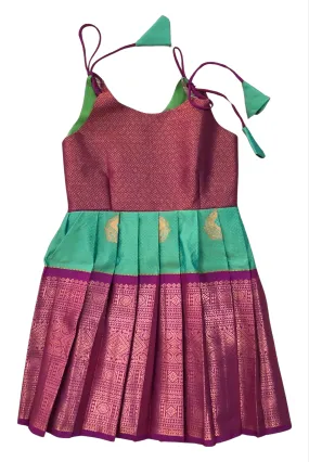 Deep Pink and Green Silk Tie-Up Frock with Gold Accents - Vibrant Party Dress