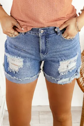 Distressed Ripped Rolled Hem Blue Denim Shorts