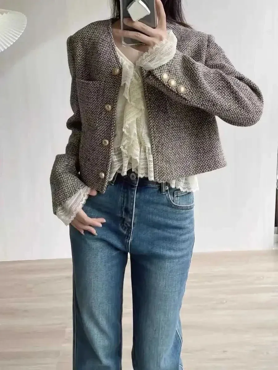 Elegant Tweed Slim Short Jackets Women New Korean O-Neck Wool Blend Chaquetas Fashion Woolen Vintage Office Vintage Casaco