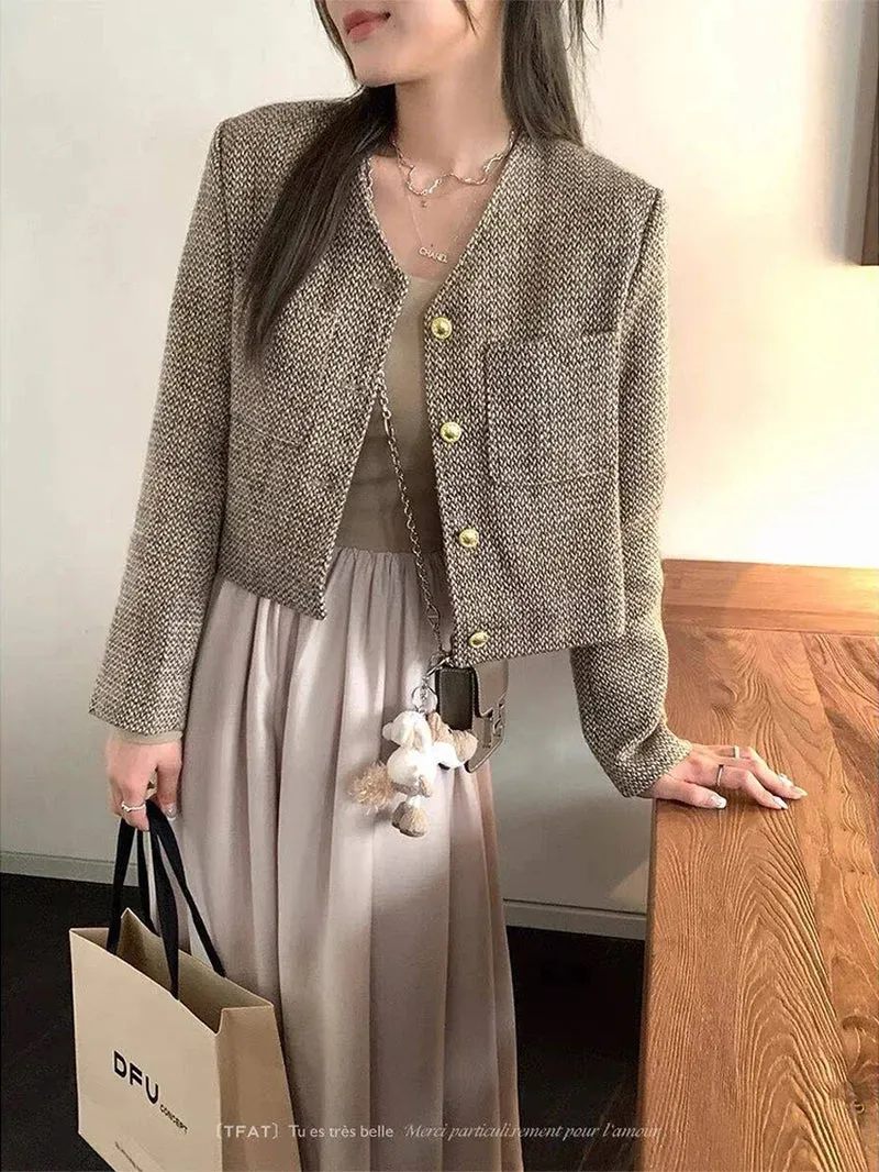 Elegant Tweed Slim Short Jackets Women New Korean O-Neck Wool Blend Chaquetas Fashion Woolen Vintage Office Vintage Casaco