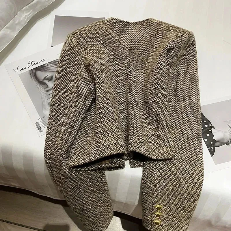 Elegant Tweed Slim Short Jackets Women New Korean O-Neck Wool Blend Chaquetas Fashion Woolen Vintage Office Vintage Casaco