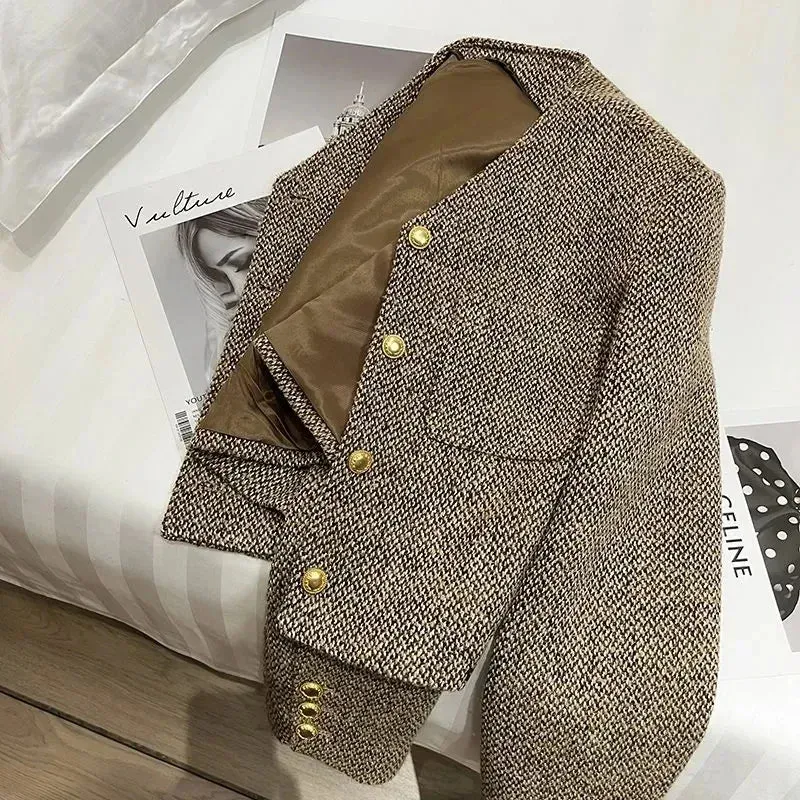 Elegant Tweed Slim Short Jackets Women New Korean O-Neck Wool Blend Chaquetas Fashion Woolen Vintage Office Vintage Casaco