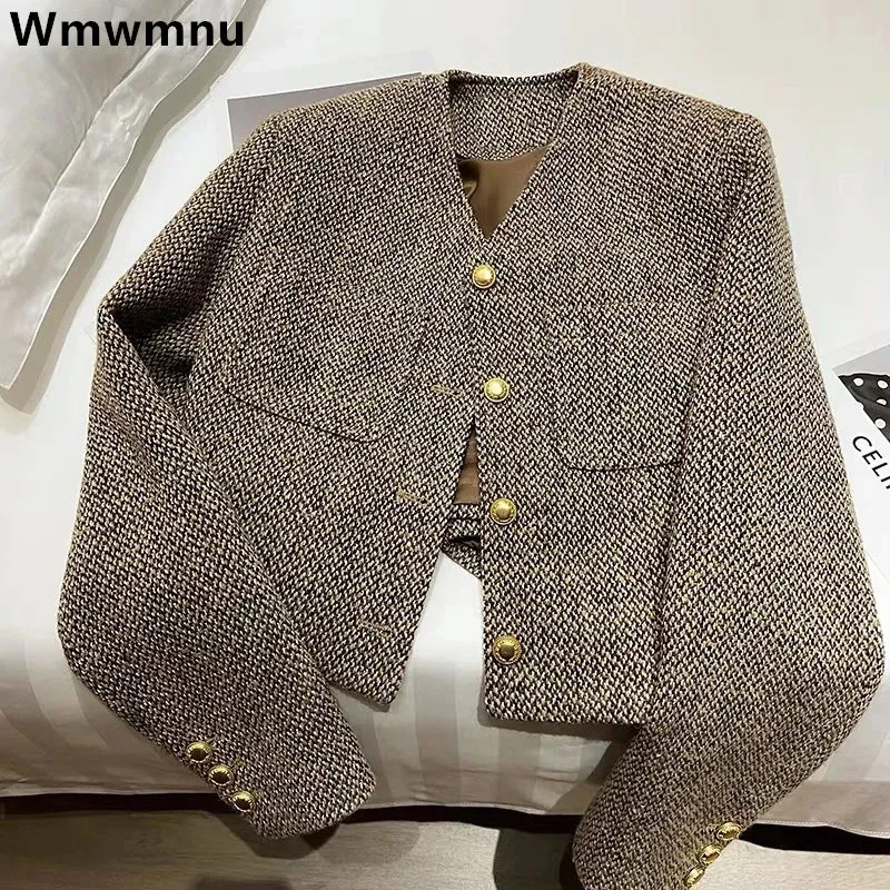 Elegant Tweed Slim Short Jackets Women New Korean O-Neck Wool Blend Chaquetas Fashion Woolen Vintage Office Vintage Casaco