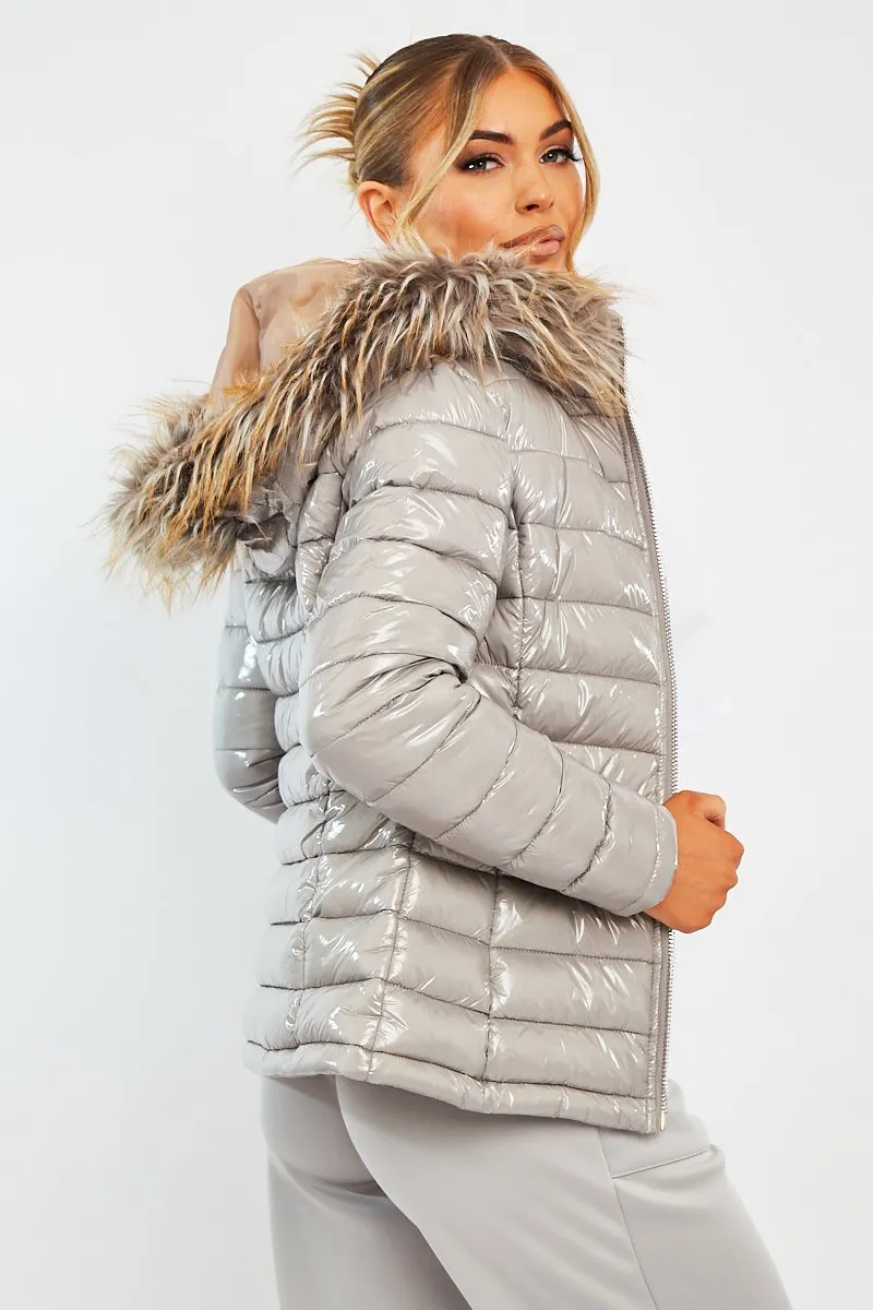 Grey Wet Look Puffer Coat - Soph