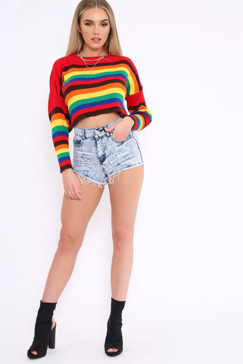 Rainbow Long Sleeve Cropped Knitted Jumper - Miley