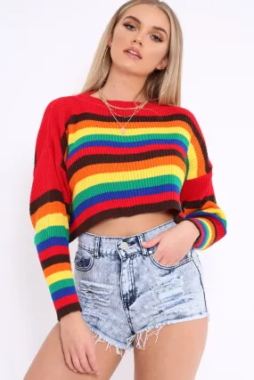 Rainbow Long Sleeve Cropped Knitted Jumper - Miley