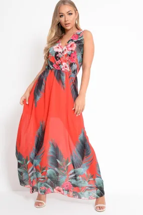 Red Chiffon Leaf Print Plunge Maxi Dress - Marlin