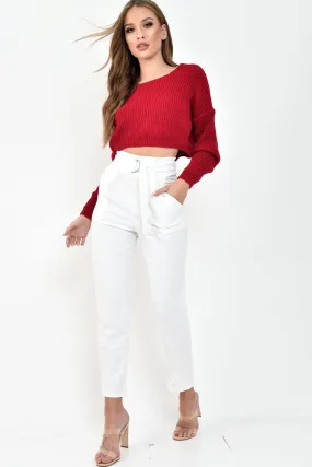 Red Chunky Knit V Back Crop Jumper - Priscilla