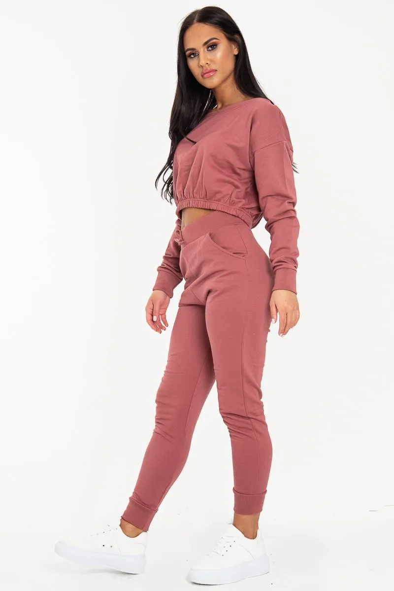 Rust Pink Elasticated Cropped Top and Jogger Set - Kruz