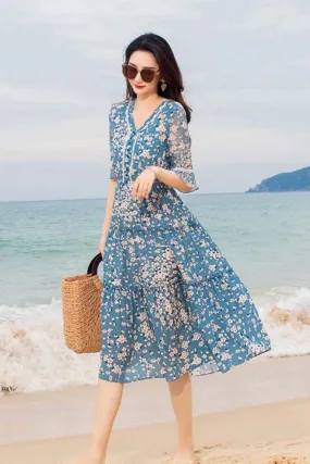 Spring Blossom Print Silk Dress– Elegant Blue