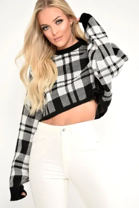 White Check Batwing Crop Knit Jumper - Marisa