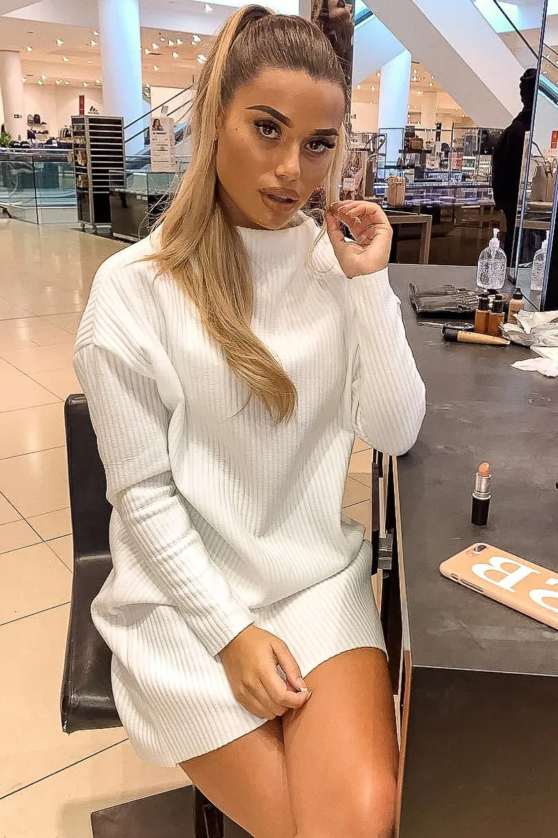 White Chunky Rib Slash Neck Jumper Dress - Kameron