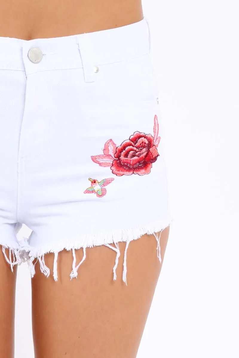 White Embroidered Demin Shorts - Leo