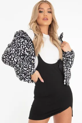 White Leopard Print Zip Front Puffer Coat - Lidya